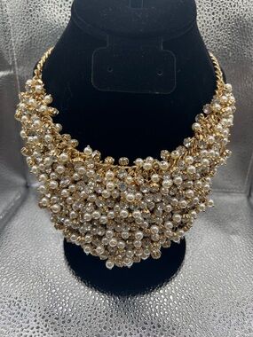 Off Park Collection Gold Tone Statement Necklace Faux Pearls Crystal Bib 18”+Ext
